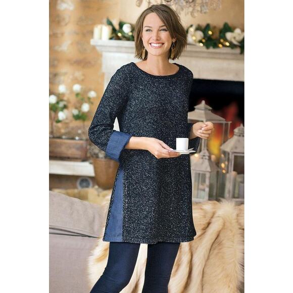 Soft Surroundings size Large P Bexley Black Marled Chambray Pop Tunic Sweater - Picture 1 of 9